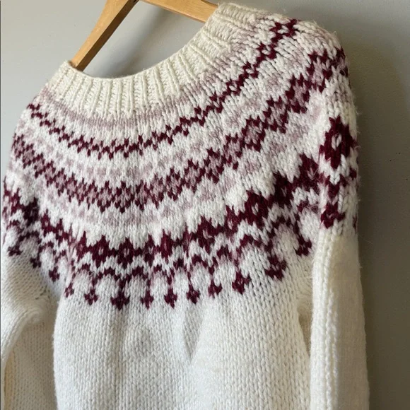 Handmade Fair Isle Cardigan Women’s Large Nordic Burgundy Ivory Knit Sweater - Picture 5 of 6